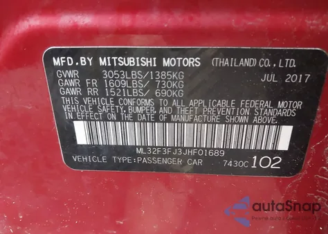 2018 Mitsubishi Mirage G4 Es from USA, damaged, VIN ML32F3FJ3JHF01689